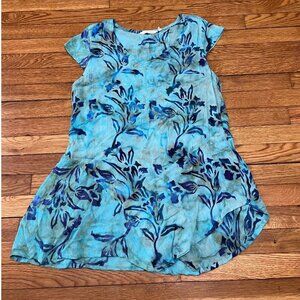 Soft Surroundings Beach Coverup Blue Floral Short Sleeve Rayon Dress Size Small